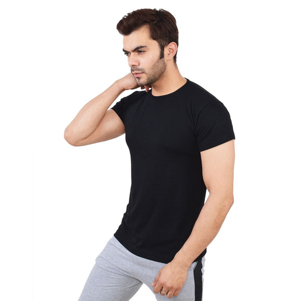 TeeMoods Mens Cotton Solid Black Round Neck T shirt-side view
