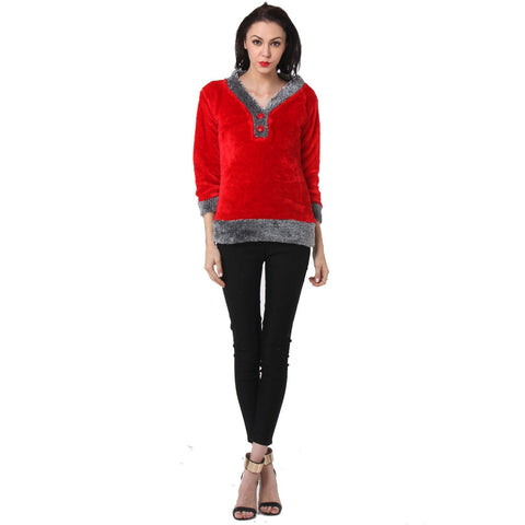 TeeMoods Womens Full Sleeves Red V neck Fur Top