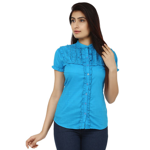 TeeMoods Solid Turquoise Cotton Womens Shirt with Frills-Front