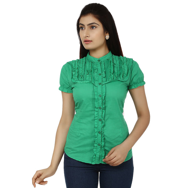 TeeMoods Solid Green Cotton Womens Shirt with Frills-Front