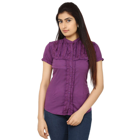 TeeMoods Solid Purple Cotton Womens Shirt with Frills-Front