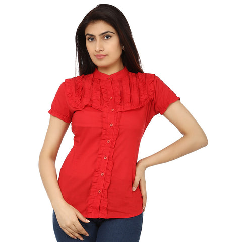 TeeMoods Solid Red Cotton Womens Shirt with Frills-Front