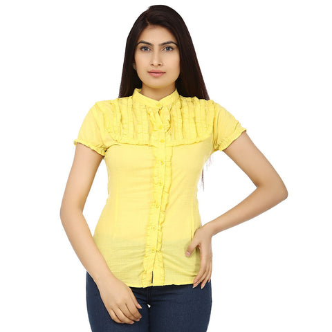 TeeMoods Solid Yellow Cotton Womens Shirt with Frills-Front