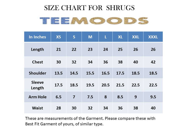 Size Chart for Teemoods Cotton Full Sleeves Shrug