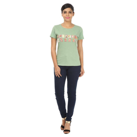 TeeMoods Solid Applique Green Cotton Women's T shirt