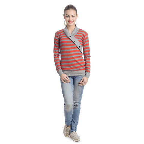 TeeMoods Full Sleeves Striped V-Neck Red Top