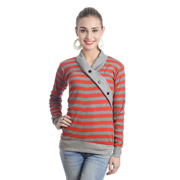 TeeMoods Full Sleeves Striped V-Neck Red Top-2