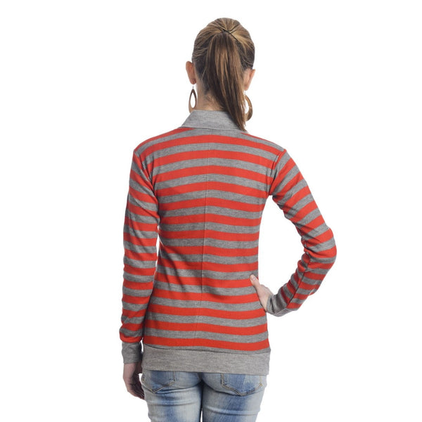 TeeMoods Full Sleeves Striped V-Neck Red Top-4