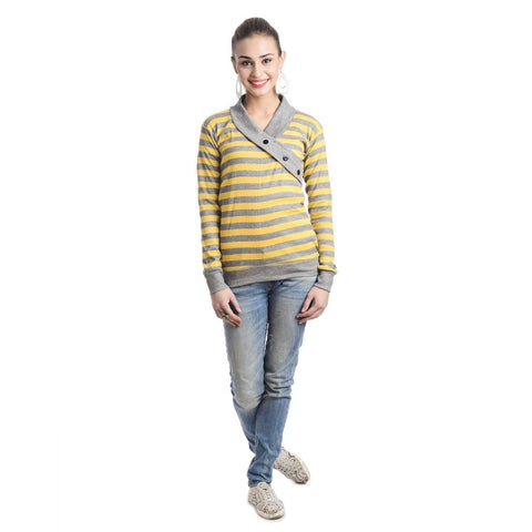TeeMoods Full Sleeves Striped V-Neck Yellow Top