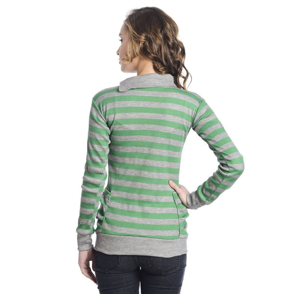 Full Sleeves Striped Turtle Neck Green Top