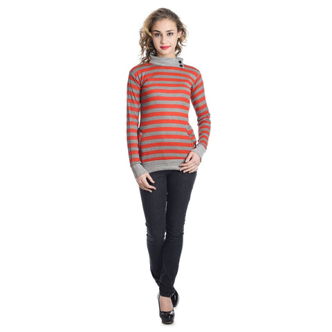 Full Sleeves Striped Turtle Neck Red Top