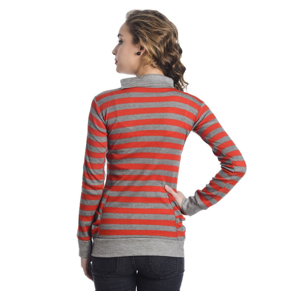 Full Sleeves Striped Turtle Neck Red Top