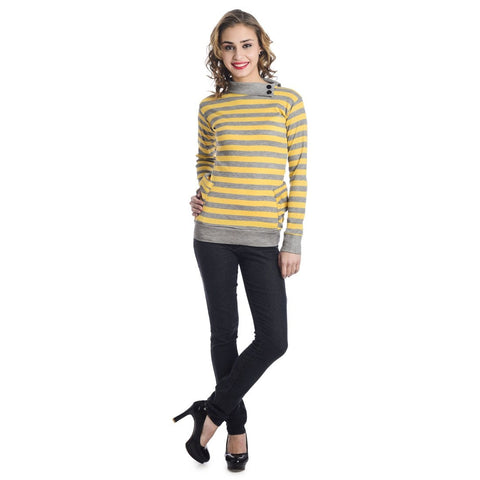 TeeMoods Full Sleeves Striped Turtle Neck Yellow Top