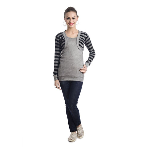 TeeMoods Full Sleeves Striped Round Neck Black Top