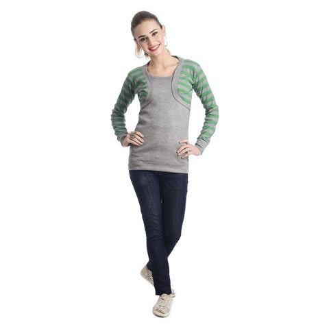 TeeMoods Full Sleeves Striped Round Neck Green Top
