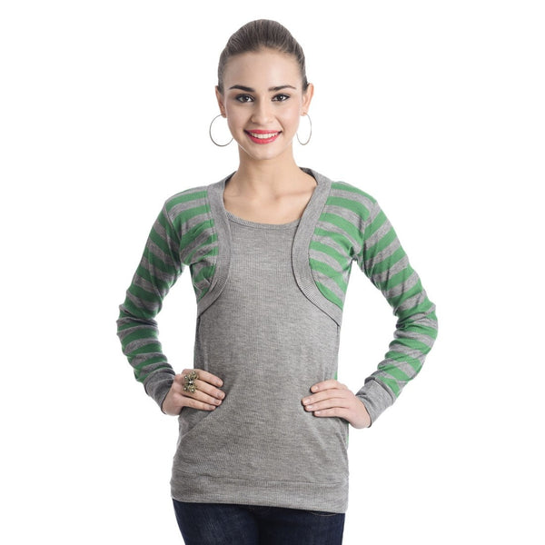 TeeMoods Full Sleeves Striped Round Neck Green Top-2