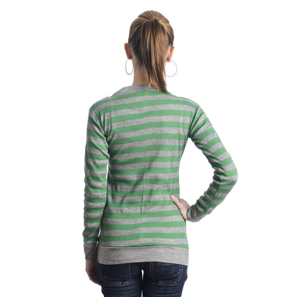 TeeMoods Full Sleeves Striped Round Neck Green Top-4