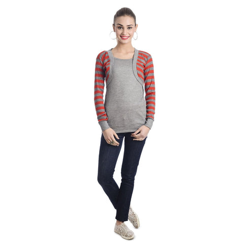 TeeMoods Full Sleeves Striped Round Neck Red Top
