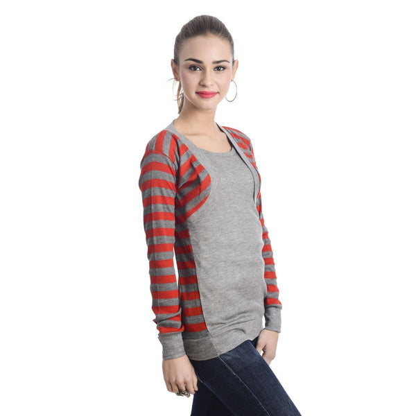 TeeMoods Full Sleeves Striped Round Neck Red Top-3