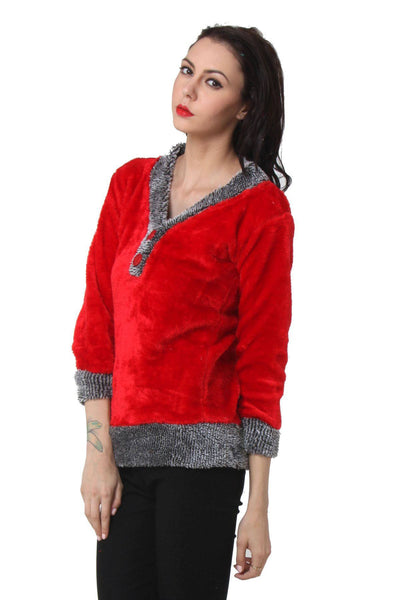TeeMoods Womens Full Sleeves Red V neck Fur Top-1