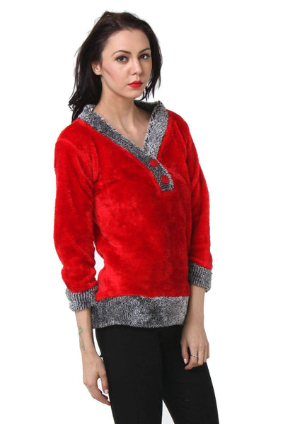 TeeMoods Womens Full Sleeves Red V neck Fur Top-2