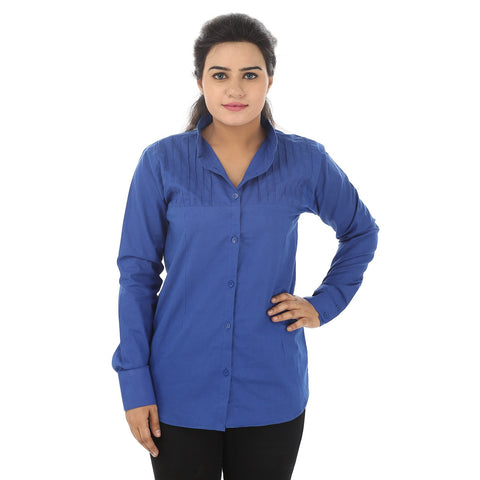 TeeMoods Solid Casual Blue Cotton Women's Shirt-Front
