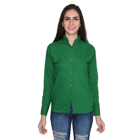 Solid Casual Green Cotton Women's Shirt