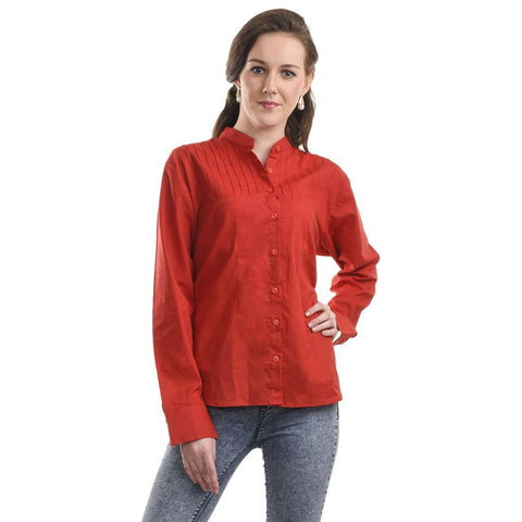TeeMoods Solid Casual Red Cotton Womens Shirt-Front