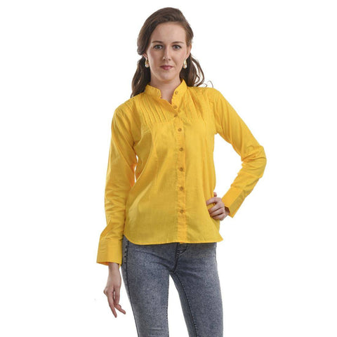 Solid Casual Yellow Cotton Women's Shirt
