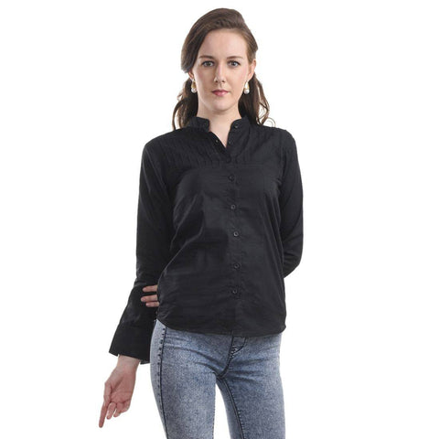 TeeMoods Solid Casual Black Cotton Womens Shirt-Front