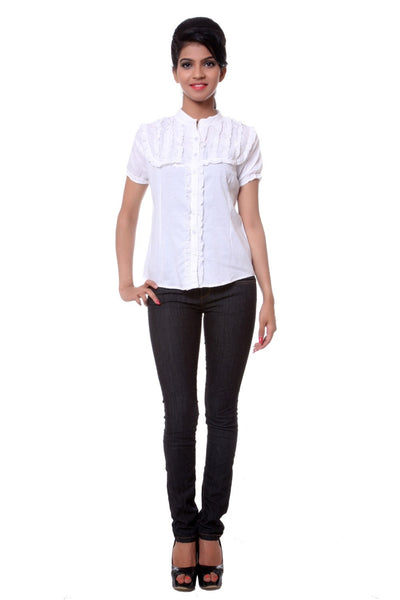 TeeMoods Solid White Cotton Womens Shirt with Frills-Full