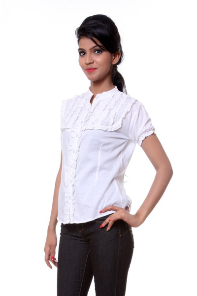 TeeMoods Solid White Cotton Womens Shirt with Frills-Side
