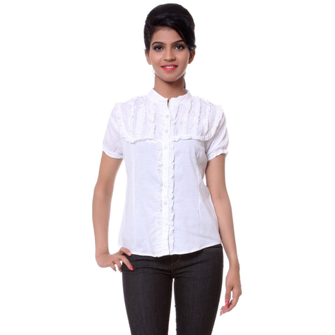 TeeMoods Solid White Cotton Womens Shirt with Frills-Front
