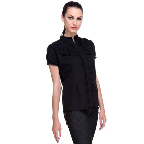 Short Sleeves Black Cotton Shirt with Frills-2