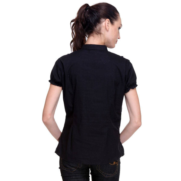 Short Sleeves Black Cotton Shirt with Frills-3