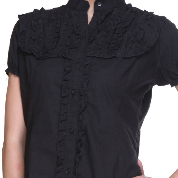 Short Sleeves Black Cotton Shirt with Frills