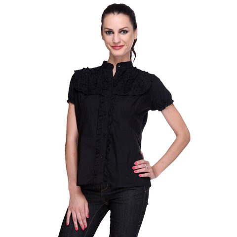 Short Sleeves Black Cotton Shirt with Frills-1