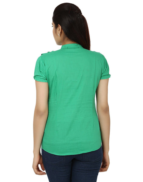 TeeMoods Solid Green Cotton Womens Shirt with Frills-Back