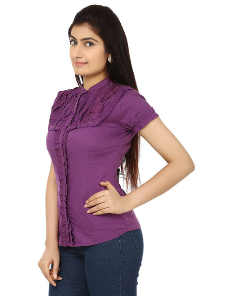 TeeMoods Solid Purple Cotton Womens Shirt with Frills-Side