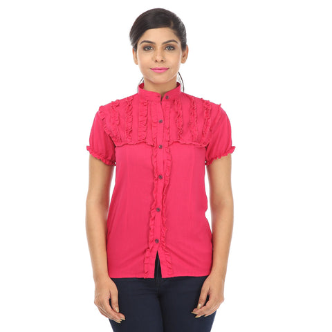 Short Sleeves Pink Cotton Shirt with Frills-1