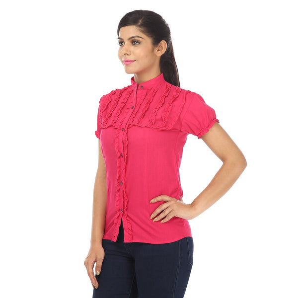 Short Sleeves Pink Cotton Shirt with Frills-2