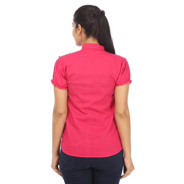 Short Sleeves Pink Cotton Shirt with Frills-3