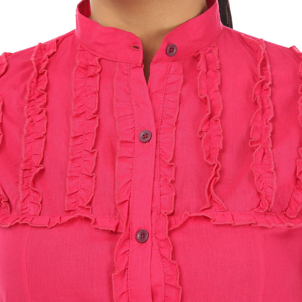 Short Sleeves Pink Cotton Shirt with Frills-4