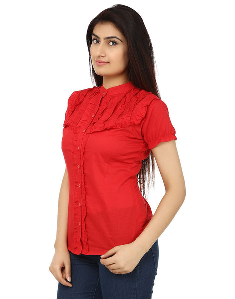 TeeMoods Solid Red Cotton Womens Shirt with Frills-Side