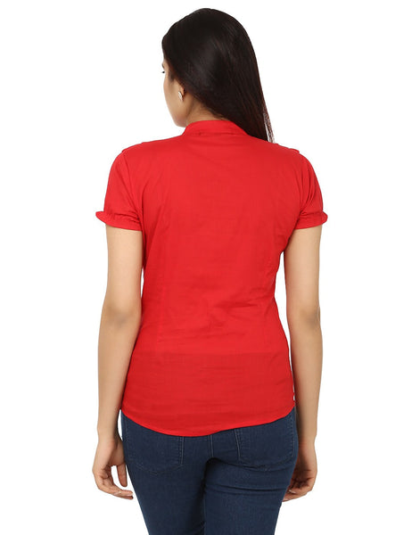 TeeMoods Solid Red Cotton Womens Shirt with Frills-Back