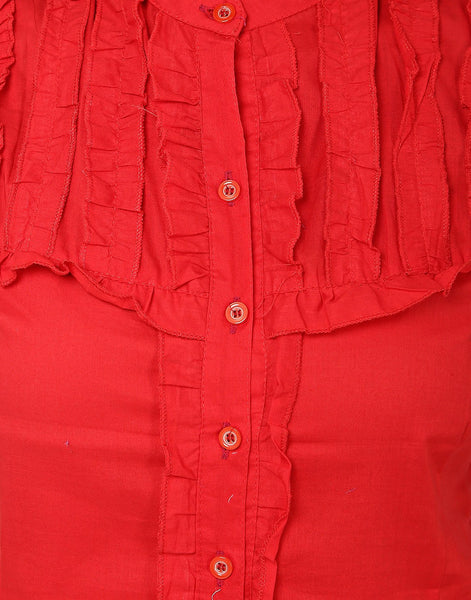 TeeMoods Solid Red Cotton Womens Shirt with Frills-Frills