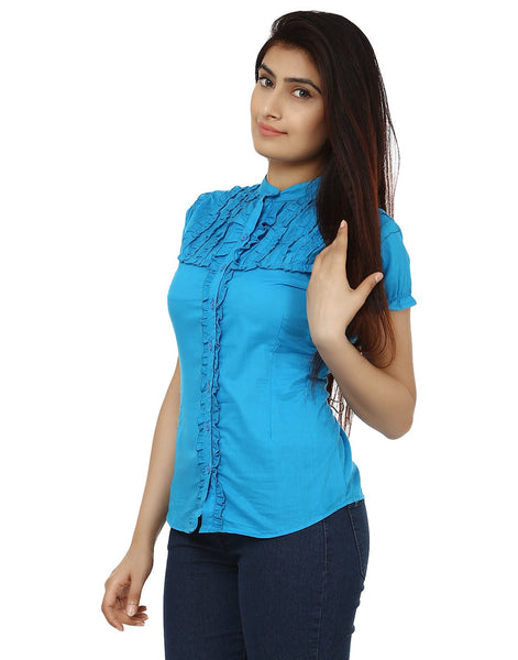 TeeMoods Solid Turquoise Cotton Womens Shirt with Frills-Side
