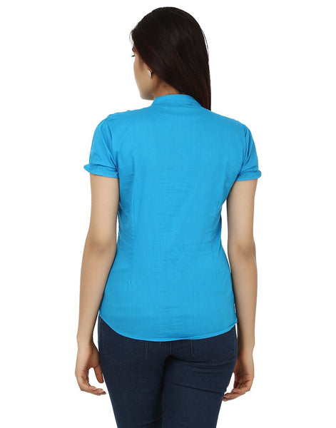 TeeMoods Solid Turquoise Cotton Womens Shirt with Frills-Back