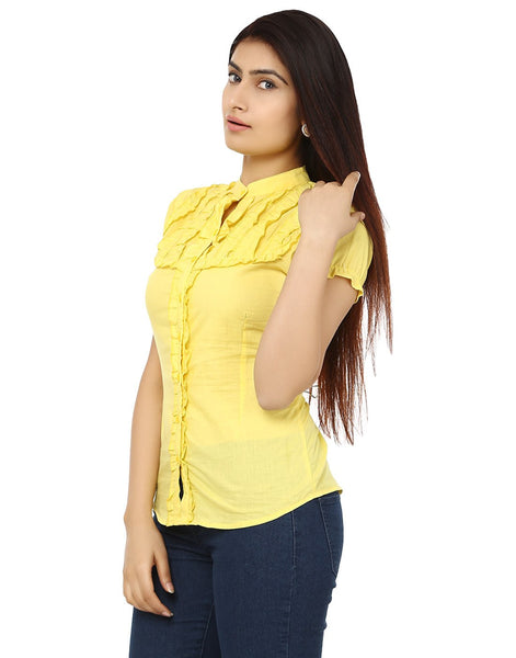 TeeMoods Solid Yellow Cotton Womens Shirt with Frills-Side