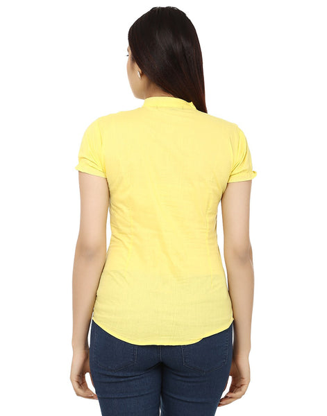 TeeMoods Solid Yellow Cotton Womens Shirt with Frills-Frills